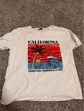 Romwe Mens T Shirt White Graphic Surfing Summer Camp Large